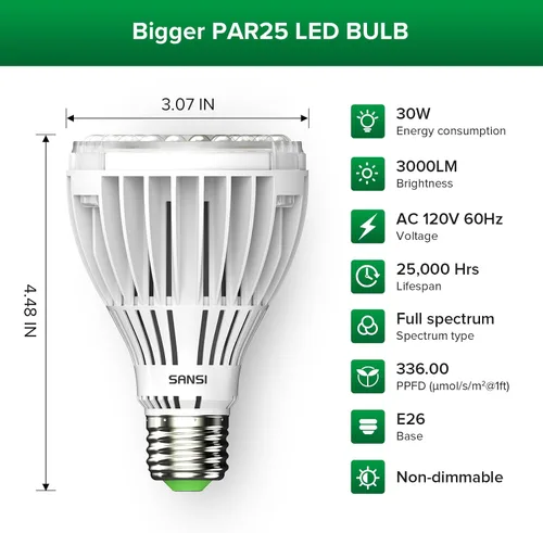 Vista 2 de Bombilla de cultivo LED equivalente a 250W SANSI, PAR25 30W 5000K+660nm Bombilla de cultivo de espectro completo para plantas de interior, 25,000