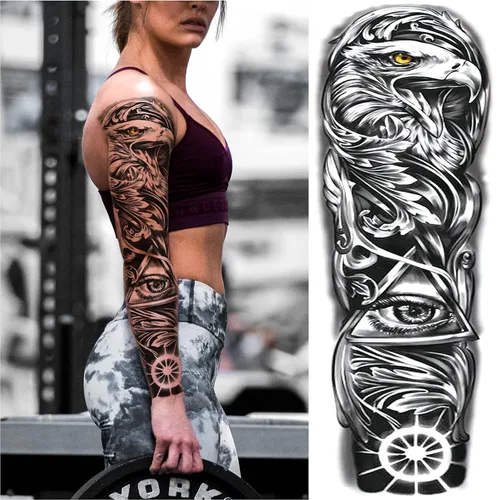 Vista 7 de Adhesivos de manga de tatuajes falsos de lobo león, brazo completo, dragón animal, tribal, mangas temporales de tatuaje para hombres, mujeres