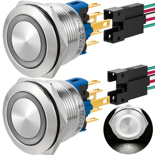 Vista 11 de 2 interruptores de botón de cierre de 0.866 in, 7/8 pulgadas, 110 V-120 V, SPDT, interruptor de encendido y apagado, impermeable, IP67, acero Azul