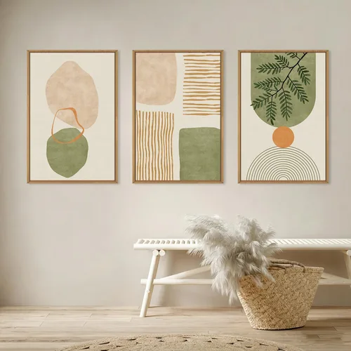 Vista 9 de Celestdeco Juego de arte de pared en lienzo abstracto y neutro grande con marco naranja, moderno y minimalista para pared, diseño geométrico bohemio