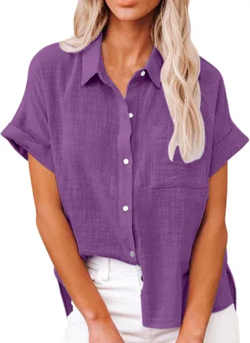 Vista 2 de Camiseta corta casual de algodón de lino y manga corta con solapa y botones para mujer