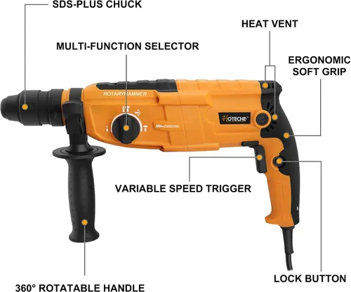 Vista 3 de Hoteche Taladro Martillo Rotativo 3 en 1 de 1 Pulgada SDS Plus Martillo Eléctrico 6.7-Amp/800W Velocidad Variable con Cable Taladro Martillo