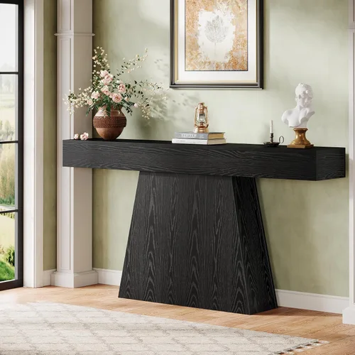 Vista 3 de Tribesigns Mesa consola negra de 63 pulgadas, mesa de entrada de granja con base trapezoidal, mesa de sofá estrecha y larga de madera detrás