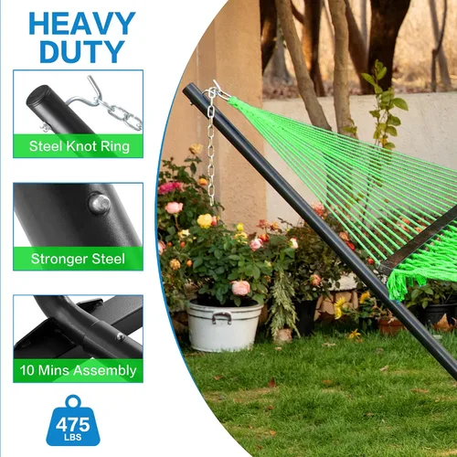 Vista 5 de PNAEUT Hamaca doble con soporte para exterior, hamacas de cuerda con barra separadora de madera dura para 2 personas, soporte resistente de 12 pies