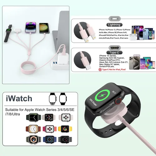 Vista 4 de Cable de carga 4 en 2 iWatch para reloj y iPhone, cable de carga de 6 pies/5.9 ft, combo de cargador para iPhone y reloj, cable de carga múltiple