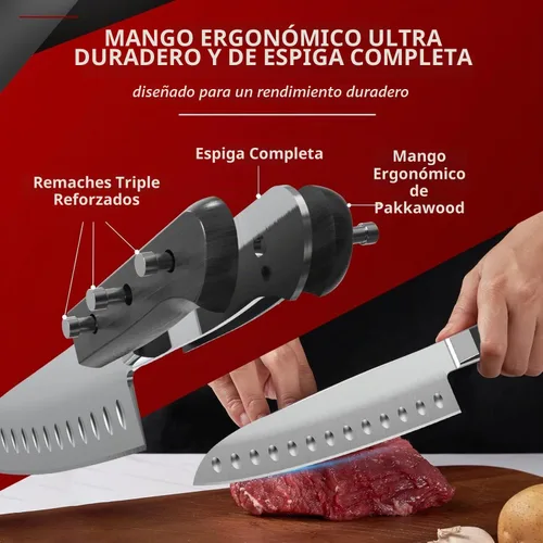 Vista 5 de Cuchillo Santoku Sunhouse de 7 pulgadas, acero inoxidable AUS-8 – Dureza superior de 59HRC, espiga completa, mango ergonómico, regalos perfectos