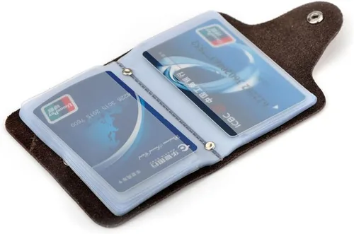 Vista 2 de YaJaMa Cartera para tarjetas de crédito, pequeña, de piel auténtica, 26 ranuras, para tarjetas, organizador para mujeres y hombres, Café, Cartera