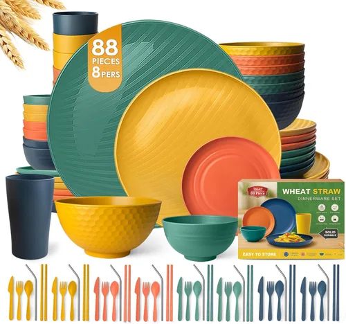 Vista 22 de Teivio Juego de vajilla de plástico de paja de trigo de 32 piezas para cocina, servicio para 8, platos, cuencos y tazas irrompibles, vajilla
