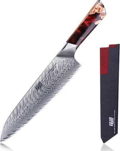 Vista 7 de FINDKING Nebula Series - Cuchillo de cocina con funda de ABS, cuchillo pequeño versátil, hoja de damasco 10Cr15CoMov, mango de resina y sicomoro Azul
