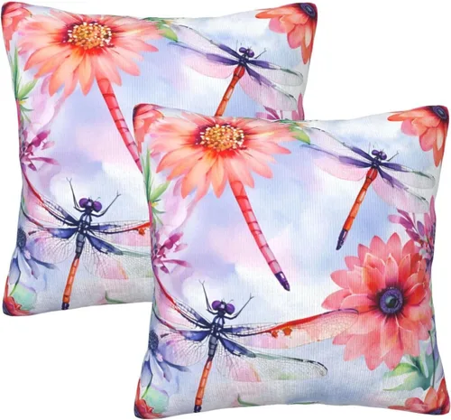 Vista 8 de Juego de 2 fundas de almohada de primavera y verano, diseño de libélula y flor, fundas para sofá, oficina, dormitorio, decoración del hogar, 16 x 16