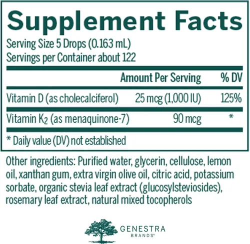 Vista 2 de Genestra Brands D3 K2 Mulsion - Vitaminas líquidas para la salud ósea, limón natural, 122 porciones