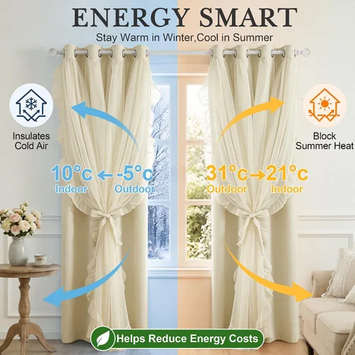 Vista 3 de PONY DANCE 100% Blackout Beige Curtains for Bedroom, Double Layer Room Darkening Drapes with White Ruffle Sheer Overlay, Boho Living Room Decor