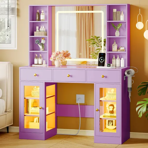 Vista 11 de Escritorio de tocador de maquillaje con espejo iluminado HD y toma de corriente, juego de mesa de tocador con parte superior de vidrio con cajones