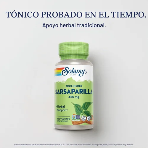 Vista 3 de SOLARAY Suplemento de raíz de sarzaparrilla 450 mg, 100 cápsulas vegetales
