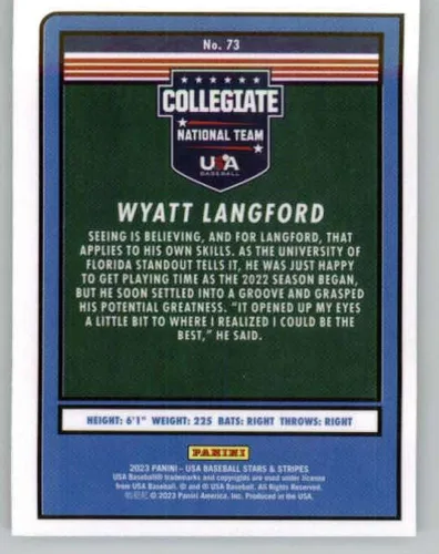 Vista 2 de 2023 Panini USA Stars and Stripes #73 Wyatt Langford USA Baseball Collegiate National Team RC Rookie Baseball Trading Card