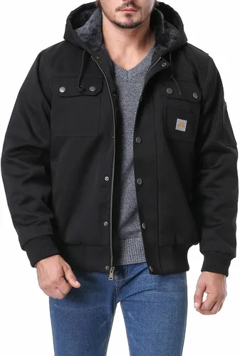Vista 5 de MOERDENG Chaqueta de utilidad de ajuste relajado para hombre, forro polar de pato lavado, múltiples bolsillos, abrigo con capucha de invierno