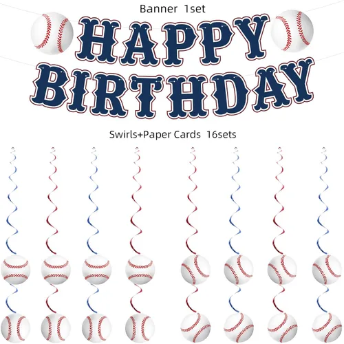 Vista 6 de KORHONEN Decoraciones de fiesta de cumpleaños de béisbol, pancarta de feliz cumpleaños y espirales colgantes para decoraciones de fiesta temática