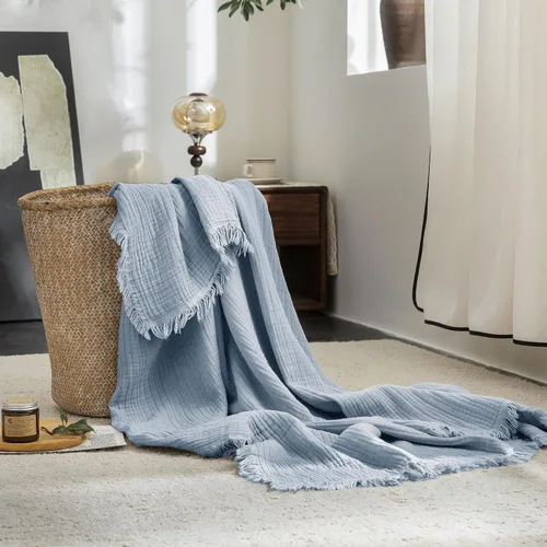 Vista 28 de FOSSA Manta de Muselina con Flecos - Gasa de Algodón 100% de 4 Capas Súper Suave y Transpirable - Manta Decorativa Ligera y Refrescante para Cama
