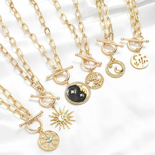 Vista 8 de DoreenBeads 18K Gold Plated Sun Moon Star Evil Eye Pendant Necklace Toggle Paperclip Chain Necklace Jewelry Gift for Women Girls