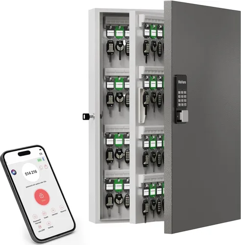 Vista 11 de Caja de 32 llaves con cerradura para llaves – Armario de llaves montado en la pared con doble cerradura (combinación de llave y 3 dígitos), estantes
