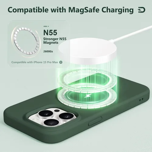 Vista 2 de GONEZ Funda de Silicona para iPhone 15 Pro Max, Compatible con Magsafe, Protector de Cámara + Protector de Pantalla, Forro de Microfibra Suave Verde