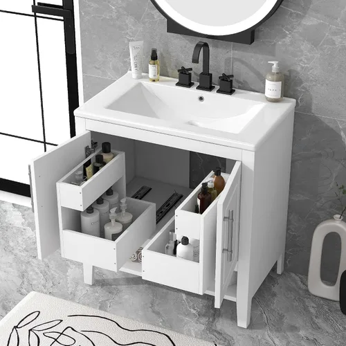 Vista 14 de Tocador de baño multifuncional de 30 pulgadas con lavabo individual, armario combinado de montaje inferior, marco de gabinete de baño de madera