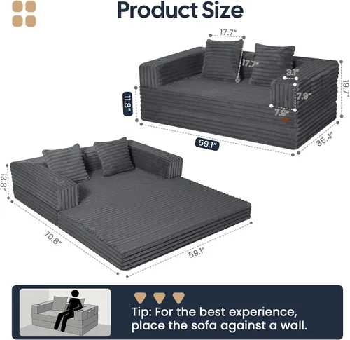 Vista 2 de COMAX Sofá cama futón, sofá cama convertible, sofás plegables sin hueso