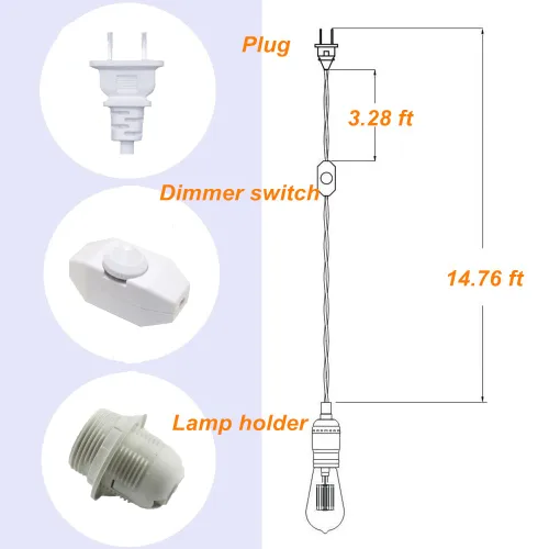 Vista 4 de Cable de luz colgante enchufable con interruptor de atenuación, kit de cable de lámpara colgante de 15 pies con luz E26/E27Socket Swag con ganchos