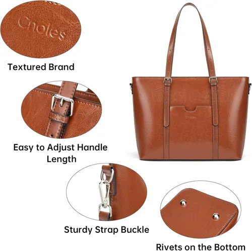 Vista 4 de Cnoles Bolso de mano para mujer, de piel auténtica, vintage, de 15.6 pulgadas, para laptop, bolso de hombro para trabajo