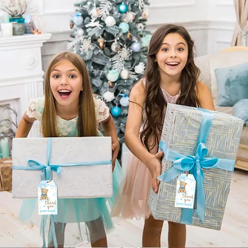 Vista 6 de Etiquetas de agradecimiento de oso, 50 etiquetas de regalo azules con cuerda para baby shower, etiquetas de regalo de agradecimiento para celebrar