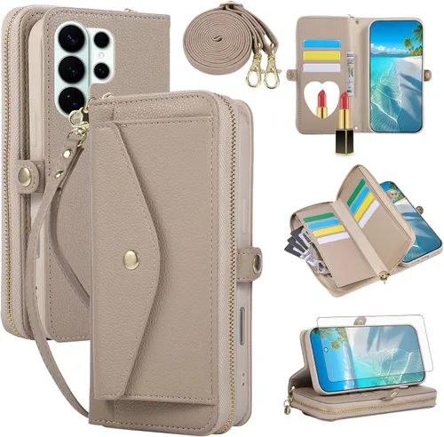 Vista 23 de Asuwish Funda de teléfono para Samsung Galaxy S23 5G con cremallera, funda para celular con protector de pantalla, correa para el hombro, espejo