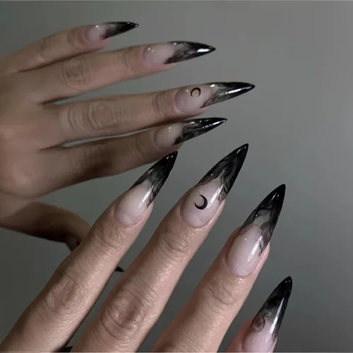 Vista 13 de BABALAL - Uñas postizas largas a presión, uñas postizas negras y rojas, uñas acrílicas de almendra con diseño gótico de vampiro, uñas adhesivas