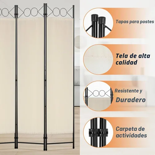 Vista 4 de Divisor de habitación, 4 paneles, pantalla de privacidad plegable portátil de 6 pies, divisor de pared independiente con marco de acero y panel