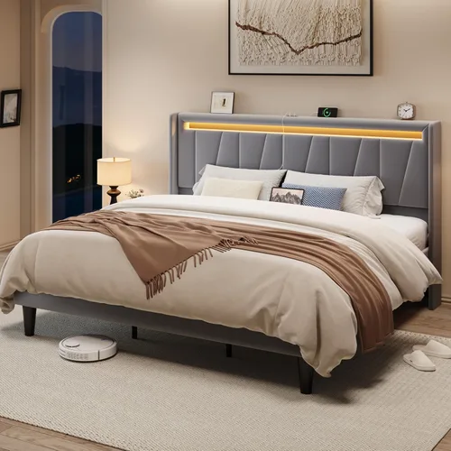 Vista 10 de Allewie Base de cama LED tamaño King con estación de carga, cama de plataforma tapizada en terciopelo con cabecera geométrica tipo wingback, marco