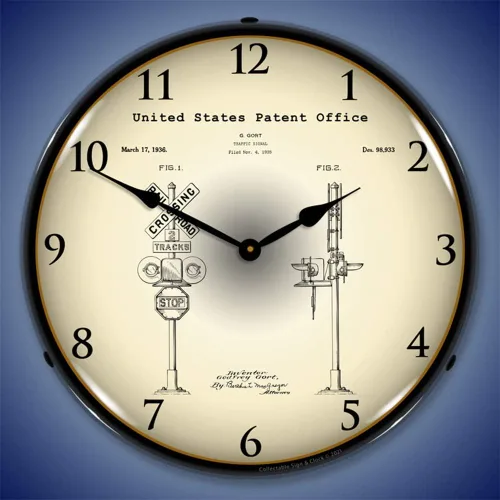 Vista 2 de Railroad Train Crossing Signal 1935 Patent LED Reloj de pared, Retro/Vintage, iluminado, 14 pulgadas