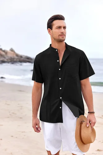Vista 3 de Ryannology Guayabera - Camisas de lino de manga corta con botones para hombre, estilo casual, playa, campamento cubano, camisa mexicana para hombre