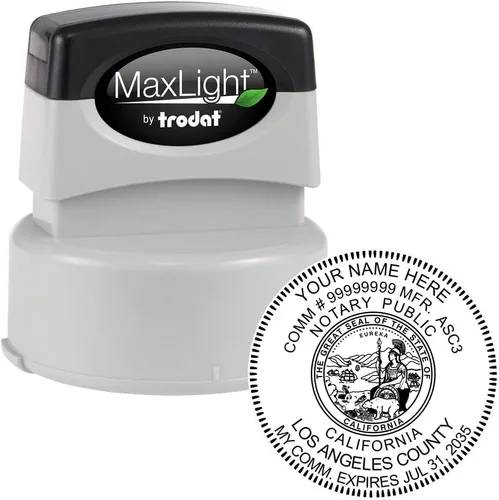 Vista 2 de Sello notario de California preentintado – Sello notario redondo MaxLight Premium para Notario Público de California, tamaño 1-5/8 – Sello