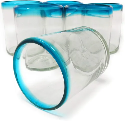 Vista 3 de Dos Sueños Vasos mexicanos soplados a mano, juego de 6 vasos con bordes azul aguamarina (10 onzas cada uno)