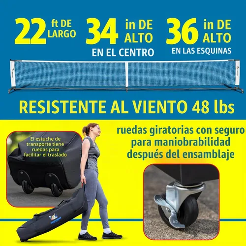 Vista 2 de Red de pickleball resistente de lujo con ruedas – Sistema de red portátil de tamaño reglamentario con ruedas bloqueables y funda de transporte