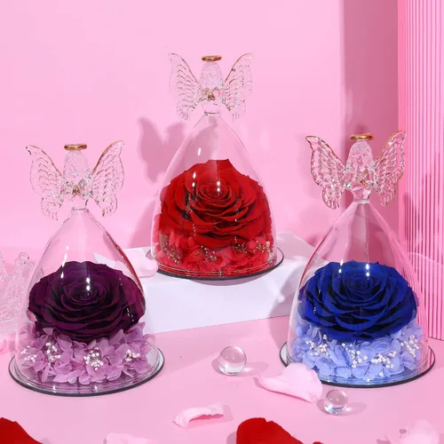 Vista 5 de Regalo de rosa para el día de la madre, rosa real preservada en figura de ángel de cristal grande, regalos de rosas para mujeres, regalo de flores
