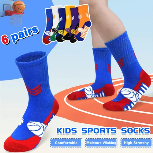 Vista 5 de GRPSKCOS Calcetines para niños, baloncesto, atletismo, fútbol al aire libre, 6 pares de calcetines deportivos de senderismo para niños y niñas de 5