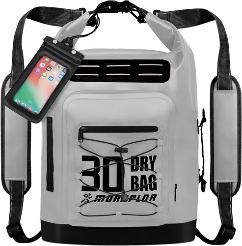 Vista 49 de MORXPLOR Bolsa seca impermeable, 5L/10L/20L/30L/40L/55L Mochila seca con funda impermeable para teléfono para natación, kayak