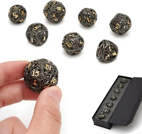 Vista 11 de Dados DND, dados de metal huecos D&D, juego de dados de mazmorras y dragones con caja de regalo, 7 piezas de juegos de dados poliédricos steampunk
