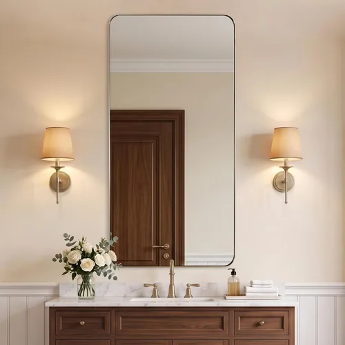 Vista 57 de ANDY STAR Espejo de pared cuadrado para baño, espejo de baño negro mate de 24 x 24 pulgadas, espejo de metal de esquina redondeada en marco de acero