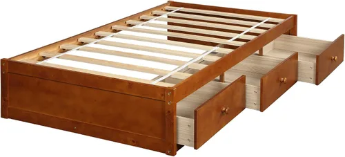 Vista 4 de SOFTSEA Base de cama de plataforma de madera de tamaño individual con 2 cajones de almacenamiento, cama de plataforma individual con soporte