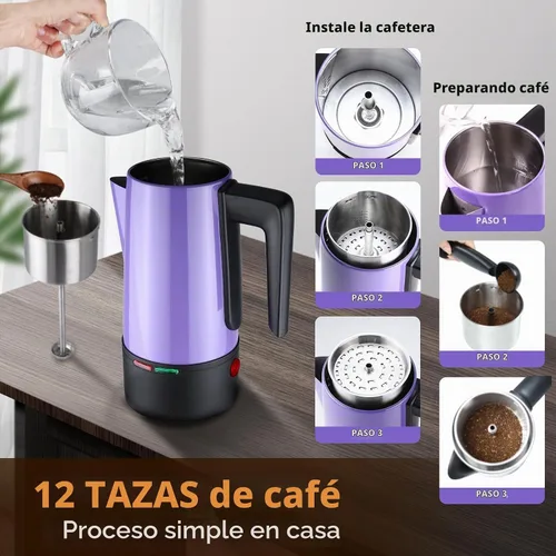Vista 6 de Percolador de café eléctrico de 12 tazas Percolator Cafetera de acero inoxidable con perilla transparente, mango de tacto frío, función