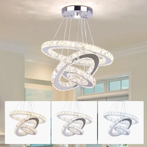 Vista 15 de Candelabro LED de cristal con iluminación regulable LED moderna lámpara de techo de 3 anillos ajustable de acero inoxidable para dormitorios y sala