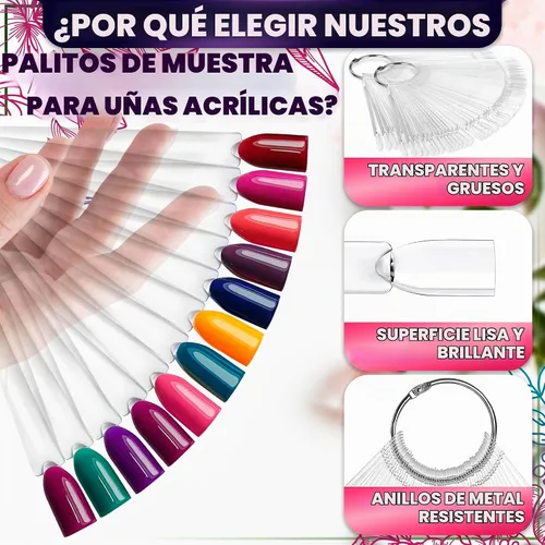 Vista 3 de 100 barras de muestra de uñas para esmalte de gel, acrílico, 2 anillos de metal 100 barras de esmalte de uñas acrílico transparente
