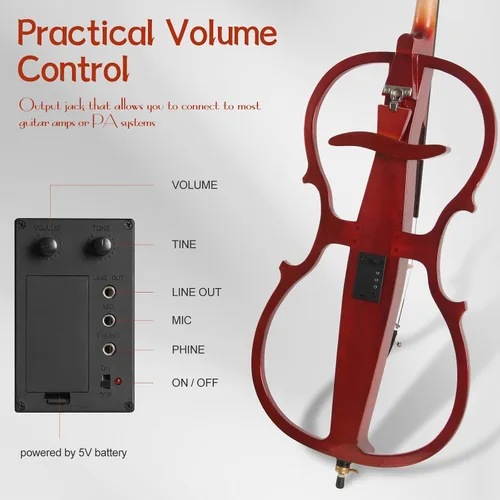 Vista 4 de Violonchelo eléctrico, violonchelo silencioso de tamaño completo 4/4 con conector para auriculares y bolsa de transporte, violonchelo profesional