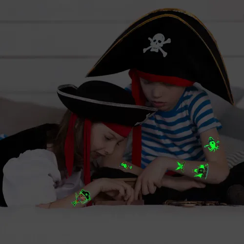 Vista 4 de PARTYWIND 34 estilos de suministros de fiesta de cumpleaños pirata, brillantes y brillantes metálicos piratas temporales para decoración de fiesta